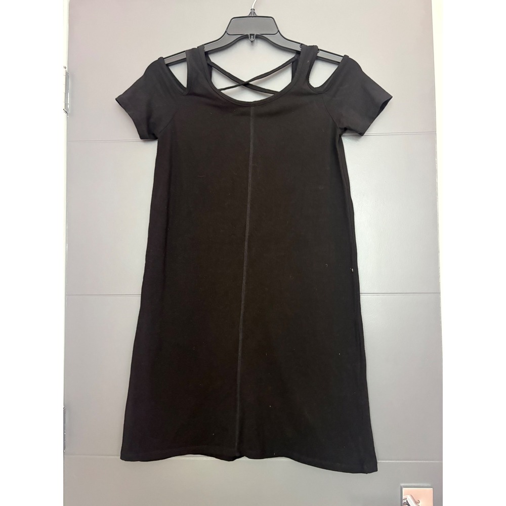 August‎ Silk Black Cold Shoulder Crisscross Strappy T-Shirt Dress Womens Large